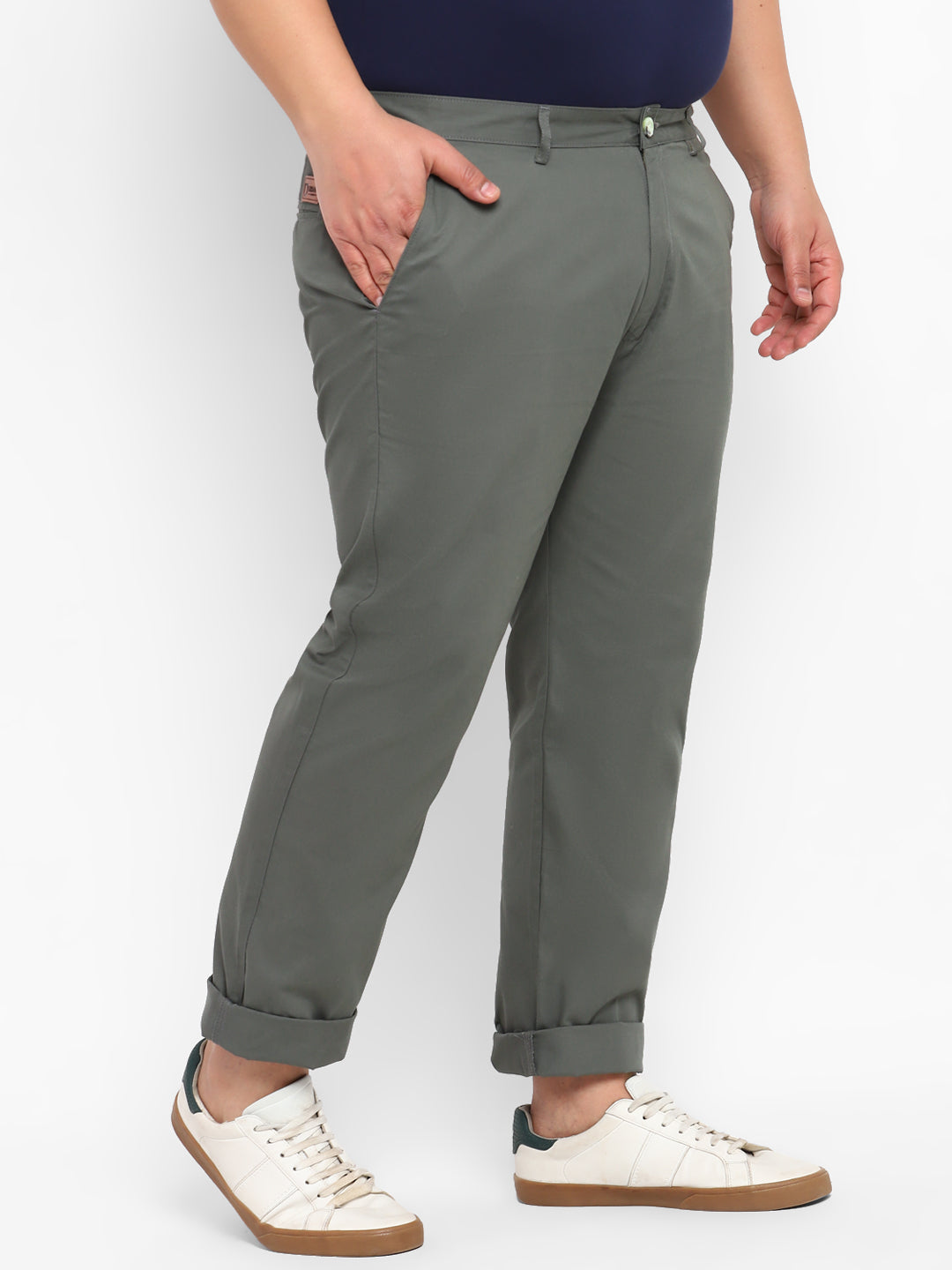 Plus Men's Dark Green Cotton Regular Fit Casual Chinos Trousers