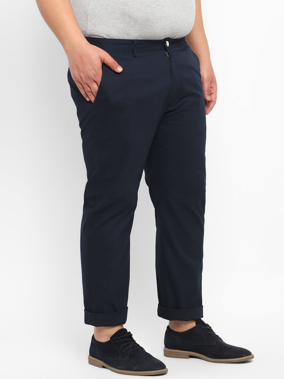 Plus Men's Dark Blue Cotton Light Weight Non-Stretch Regular Fit Casual Trousers