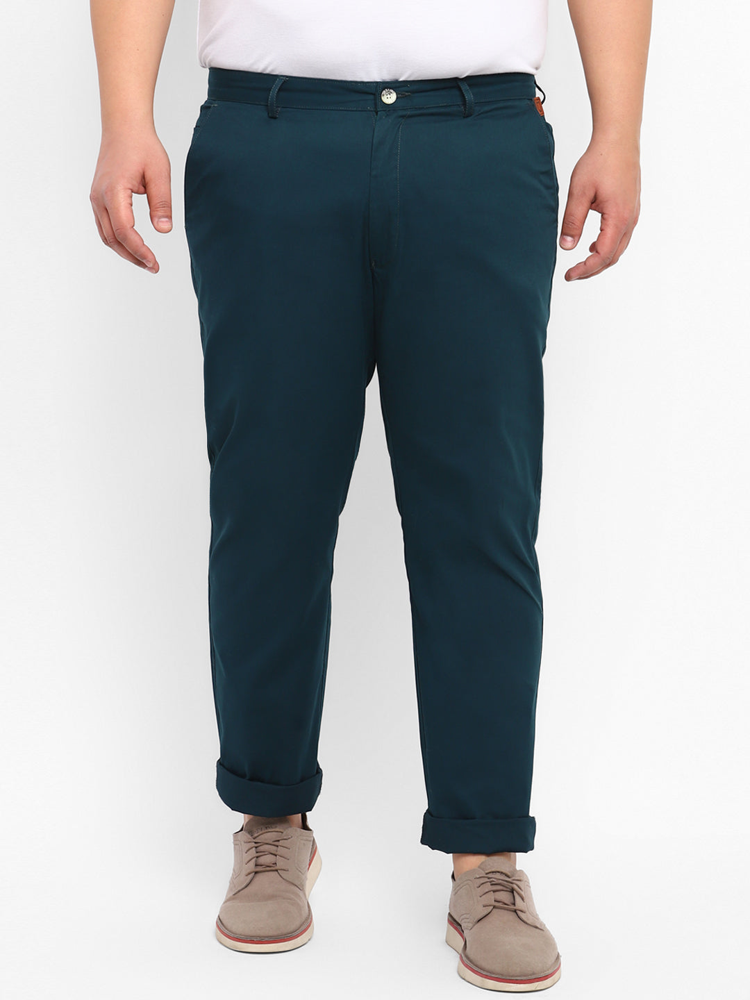 Plus Men's Dark Green Cotton Light Weight Non-Stretch Regular Fit Casual Trousers