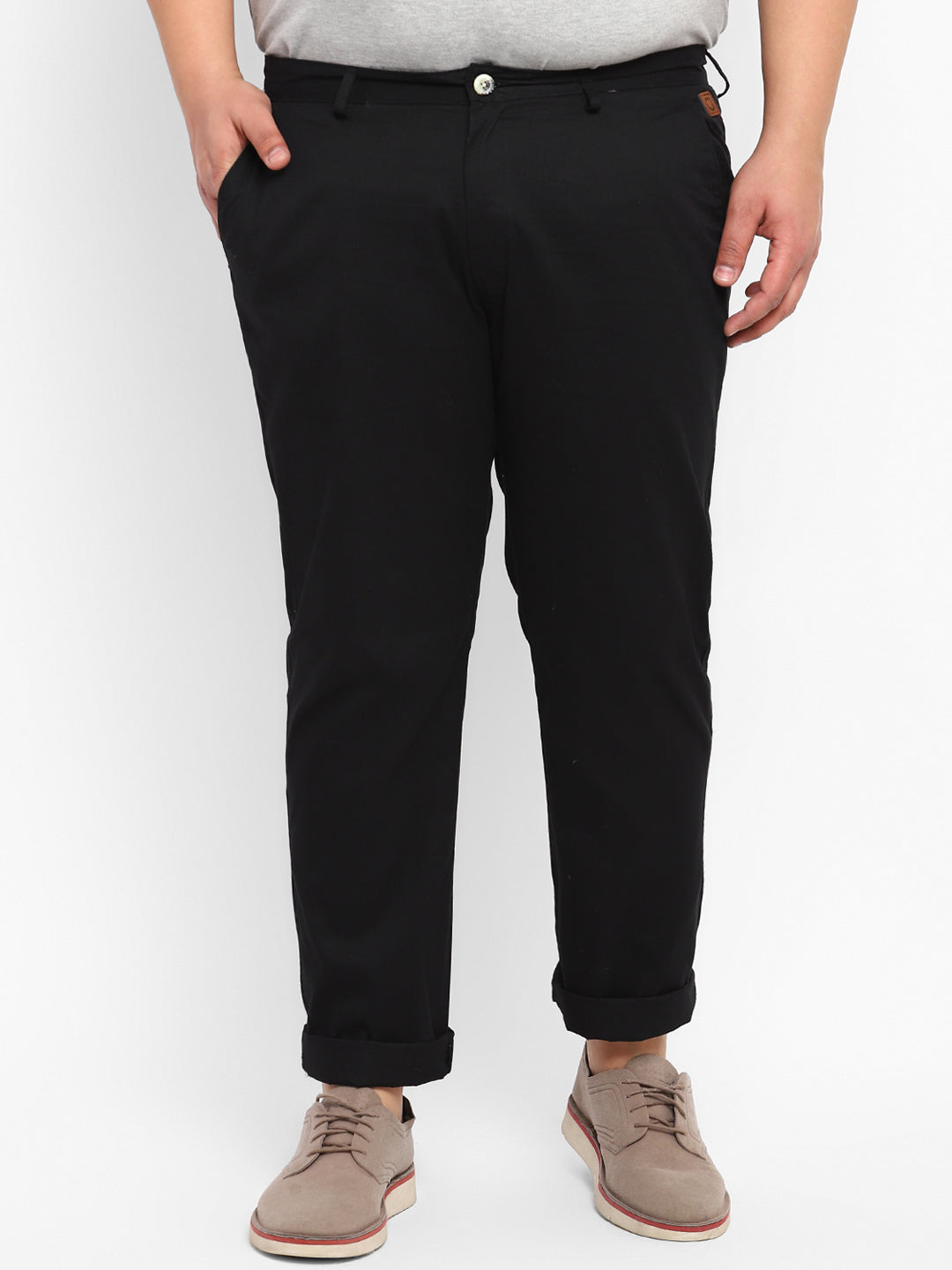 Plus Men's Black Cotton Light Weight Non-Stretch Regular Fit Casual Trousers