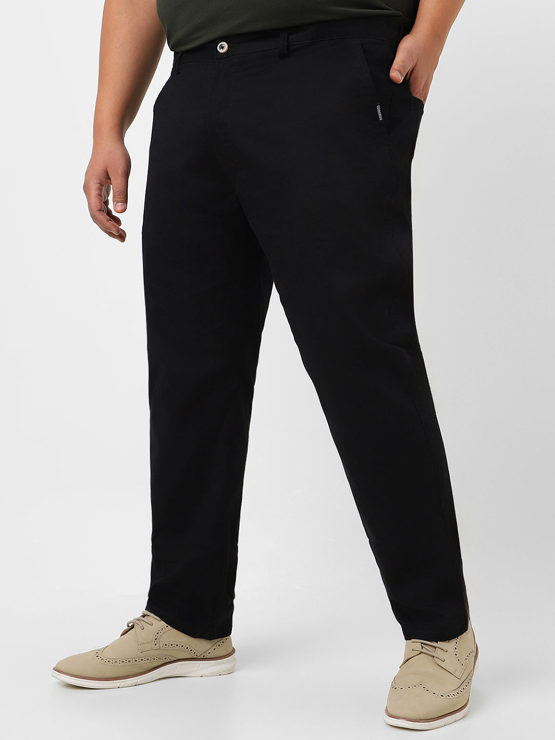 Plus Men's Black Cotton Regular Fit Casual Chinos Trousers