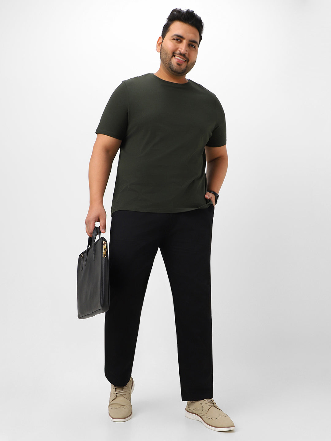 Plus Men's Black Cotton Regular Fit Casual Chinos Trousers