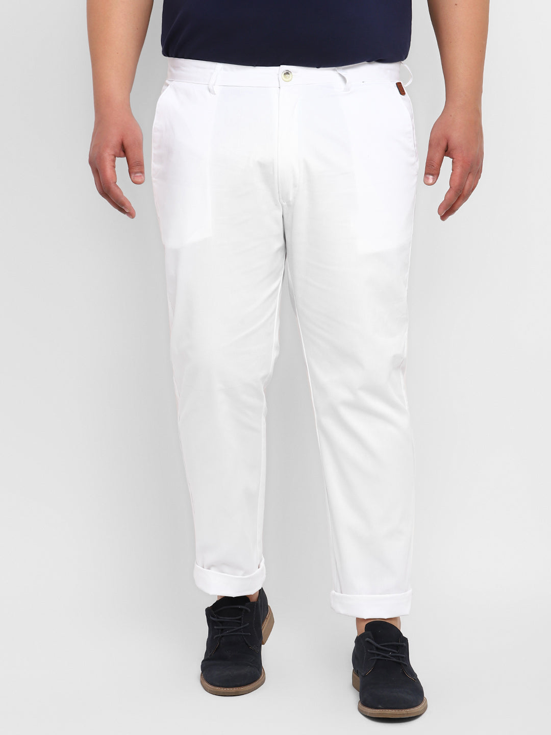 Plus Men's White Cotton Light Weight Non-Stretch Regular Fit Casual Trousers