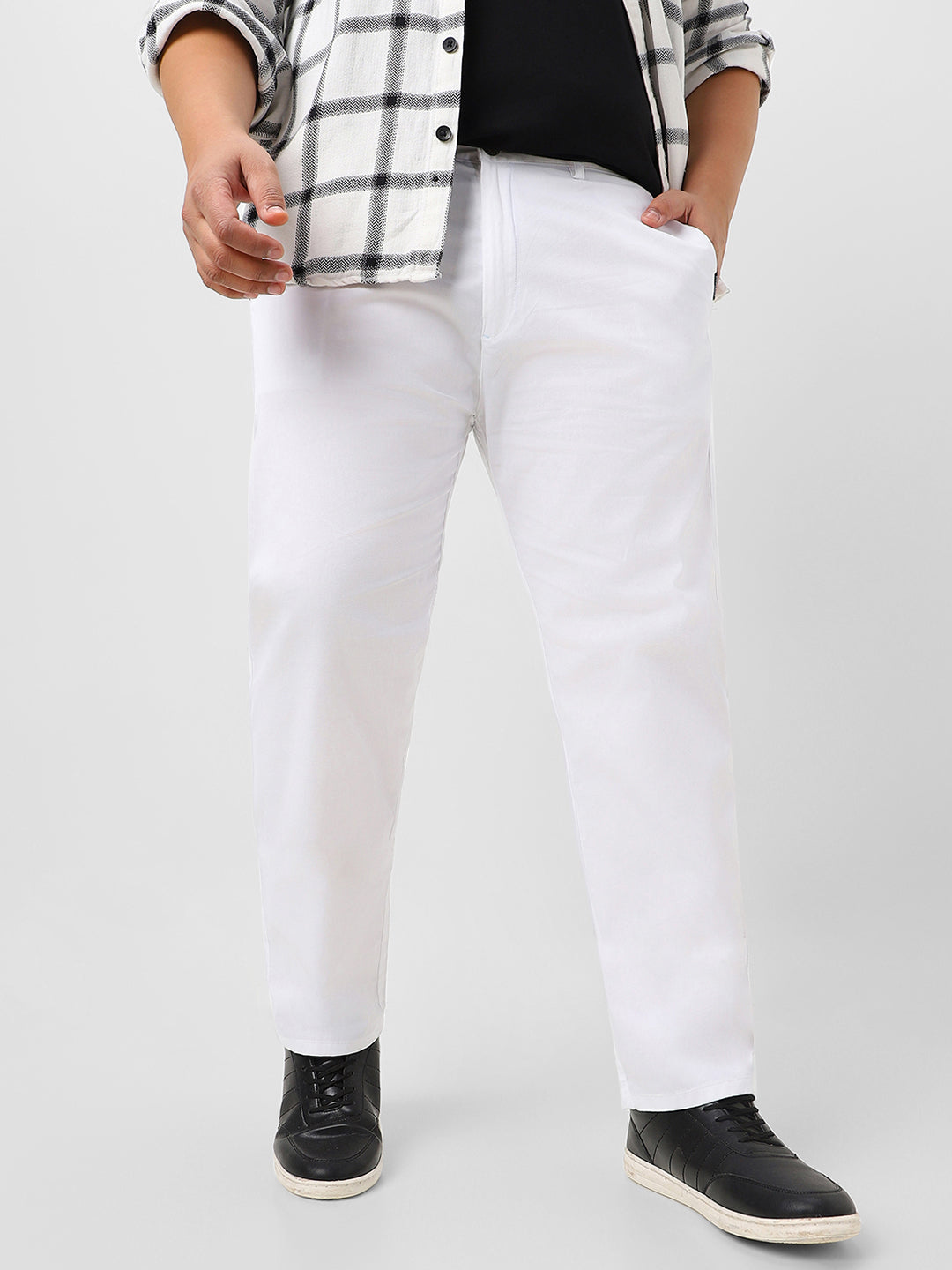 Plus Men's White Cotton Regular Fit Casual Chinos Trousers