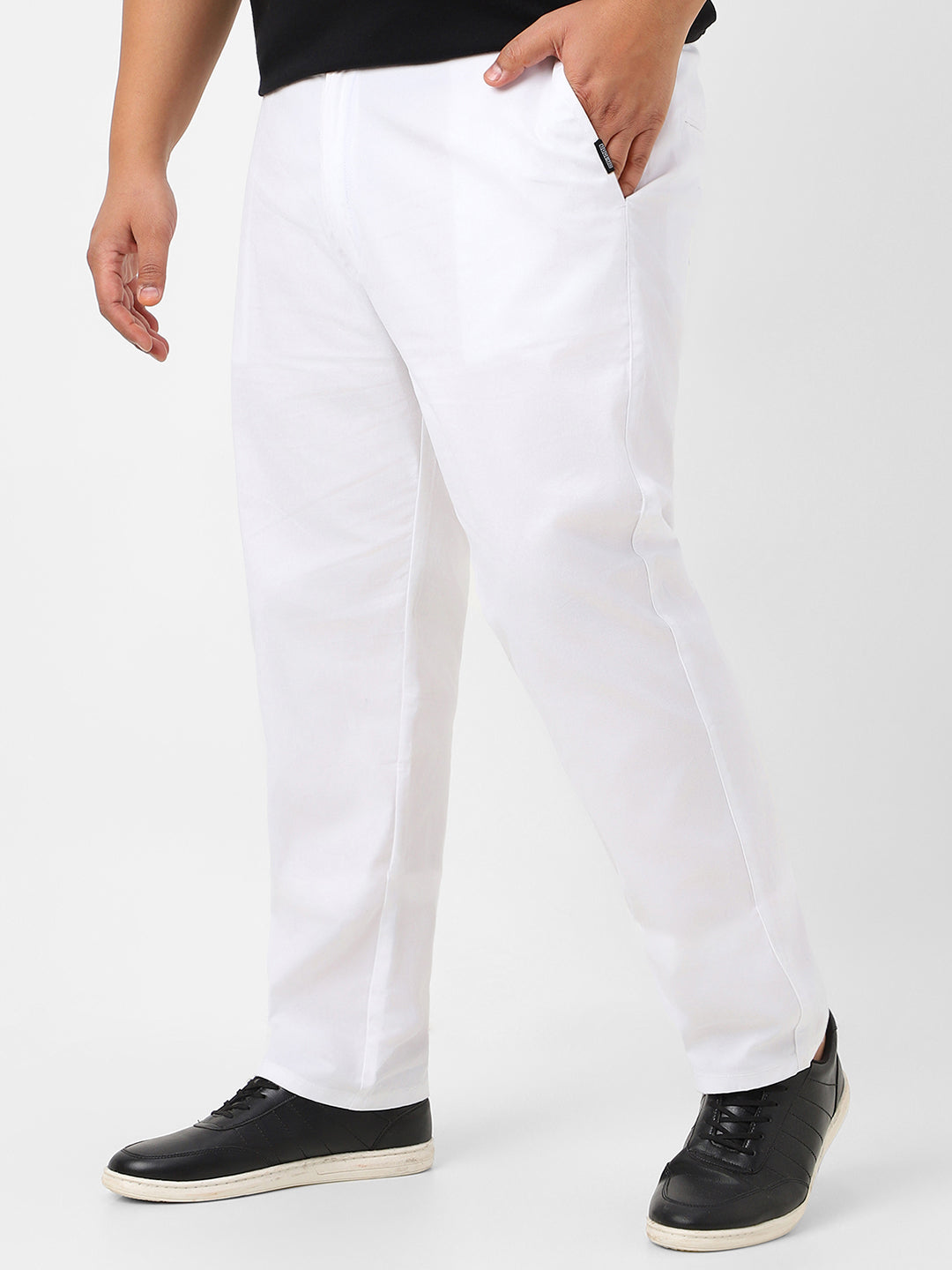Plus Men's White Cotton Regular Fit Casual Chinos Trousers