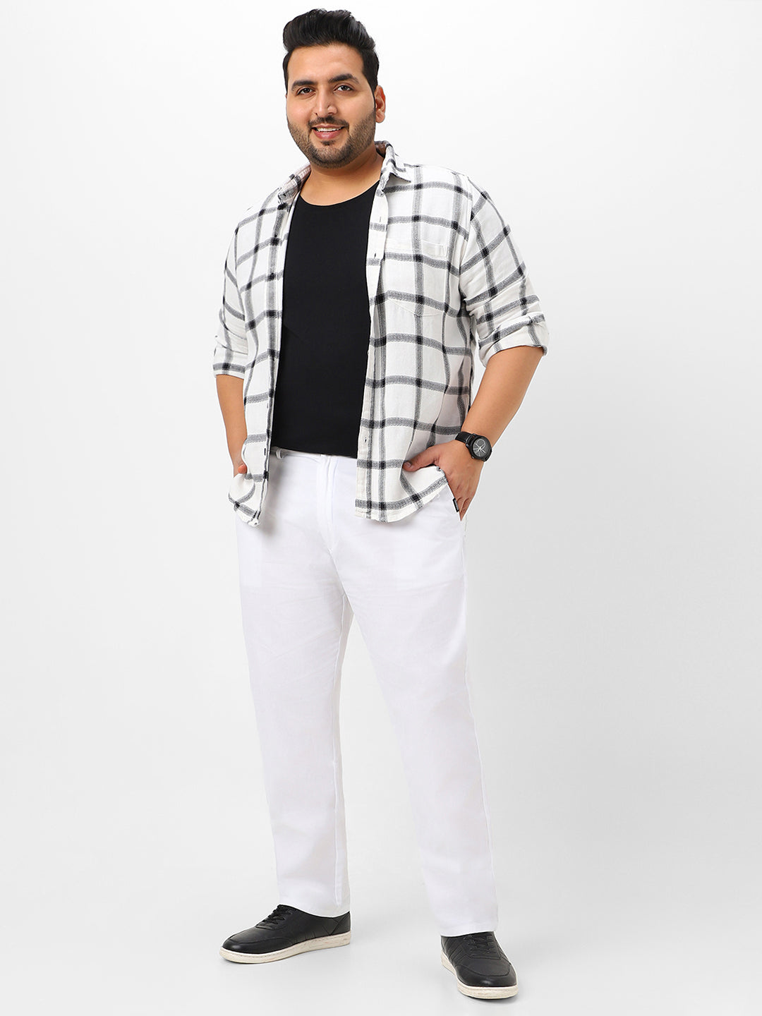 Plus Men's White Cotton Regular Fit Casual Chinos Trousers
