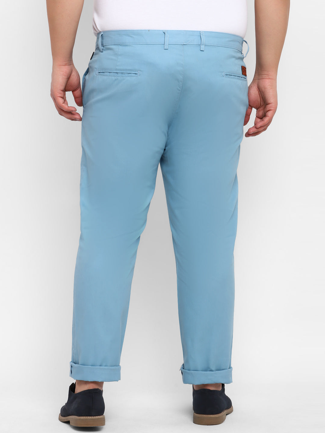 Plus Men's Blue Cotton Regular Fit Casual Chinos Trousers