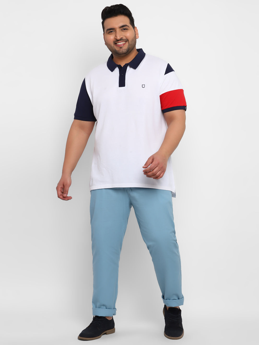 Plus Men's Blue Cotton Regular Fit Casual Chinos Trousers