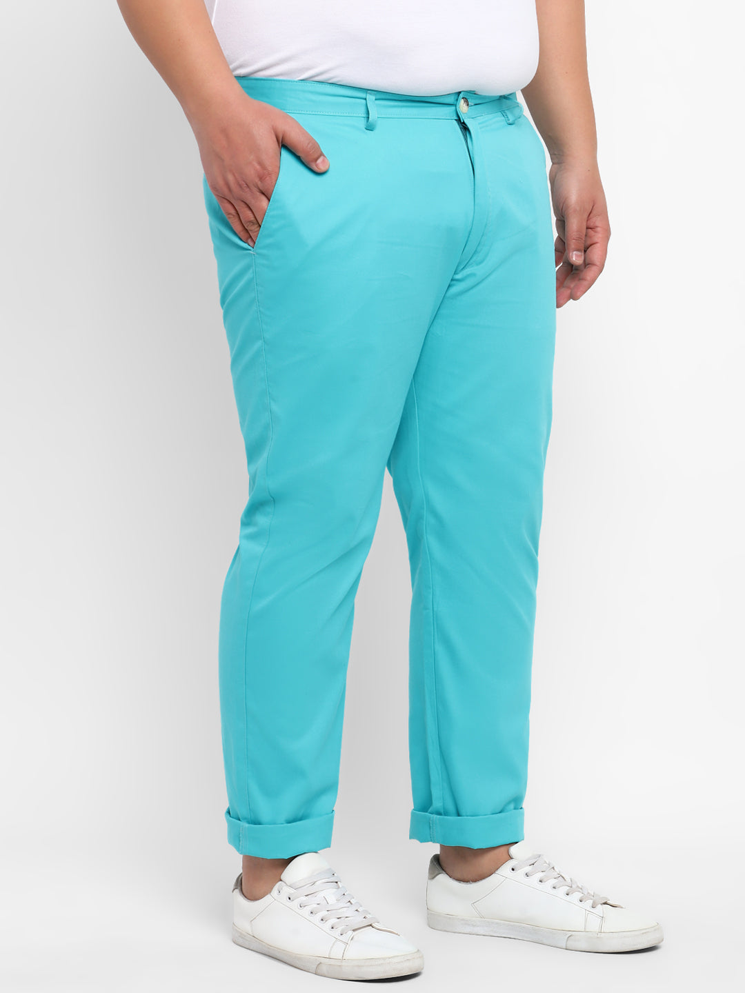 Plus Men's Blue Cotton Regular Fit Casual Chinos Trousers