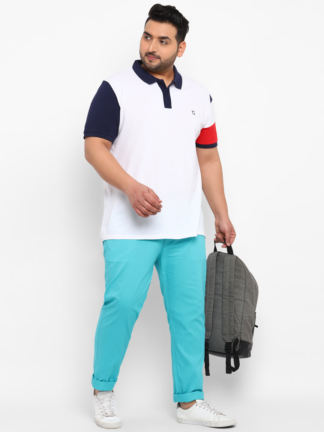 Plus Men's Blue Cotton Regular Fit Casual Chinos Trousers