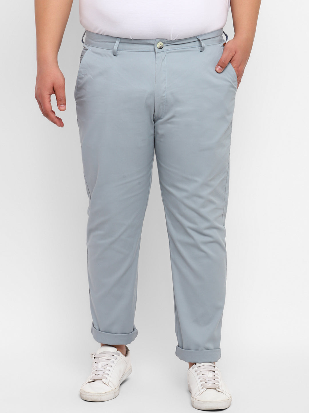 Plus Men's Blue Cotton Regular Fit Casual Chinos Trousers