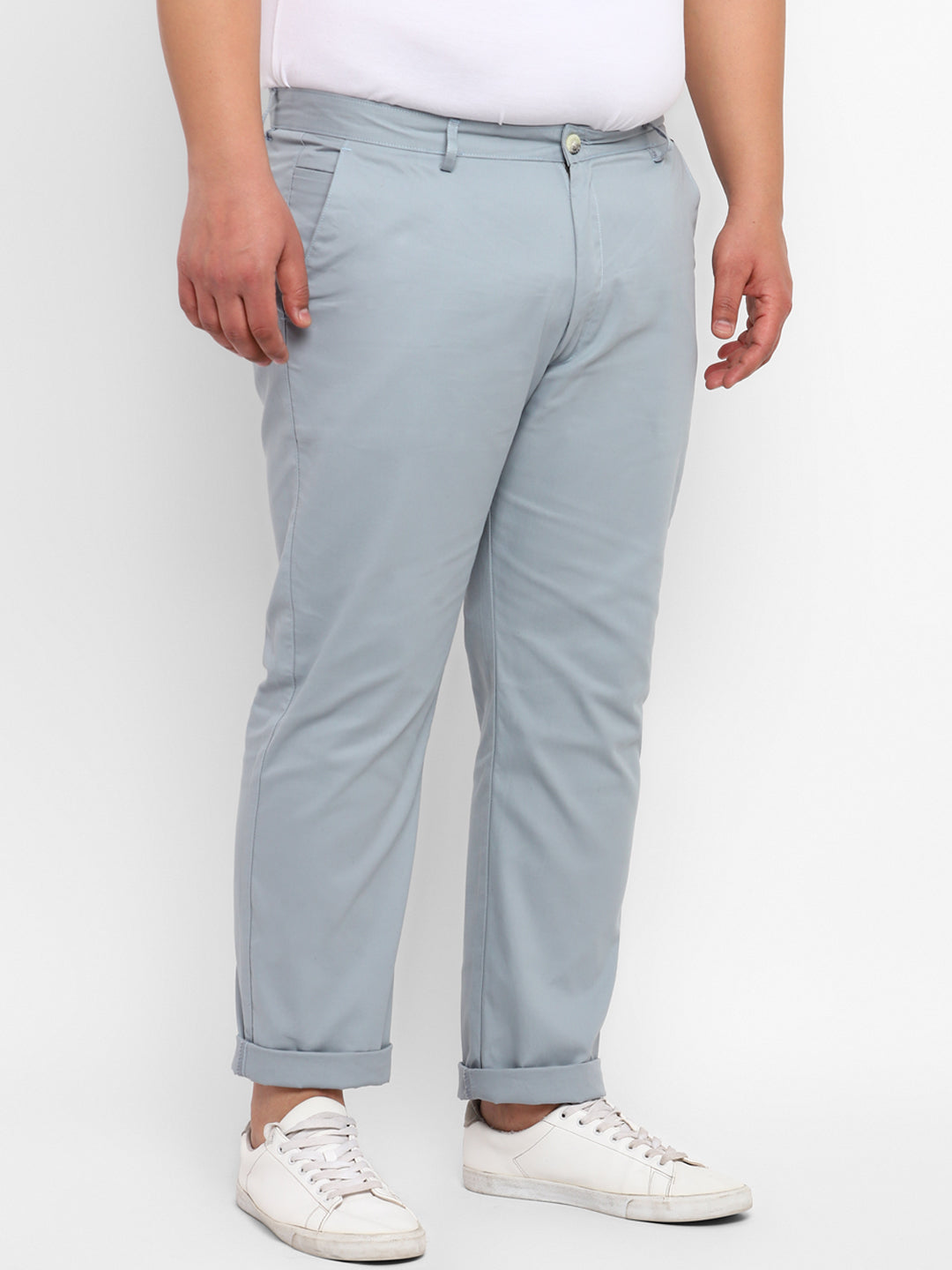 Plus Men's Blue Cotton Regular Fit Casual Chinos Trousers
