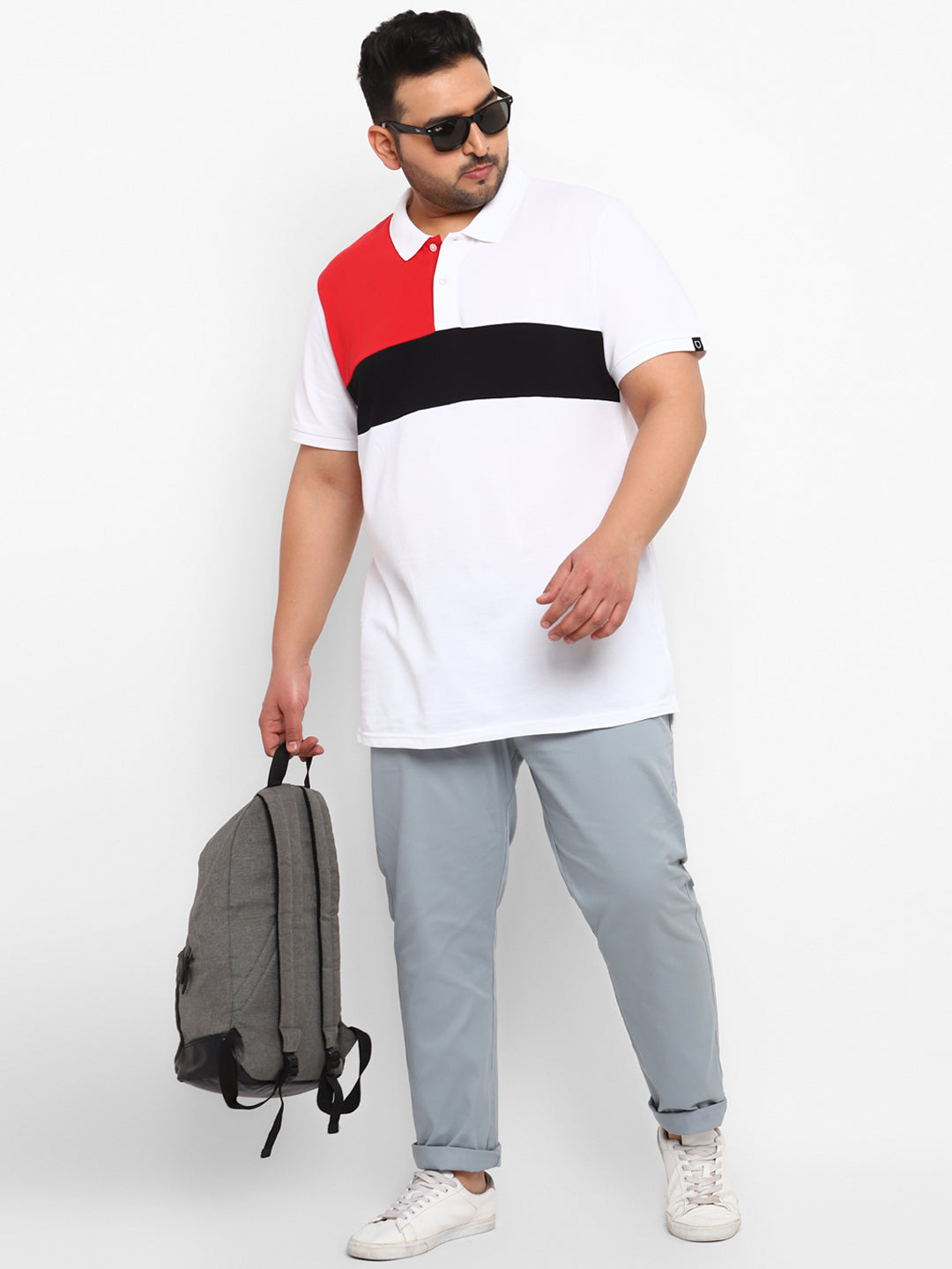 Plus Men's Blue Cotton Regular Fit Casual Chinos Trousers