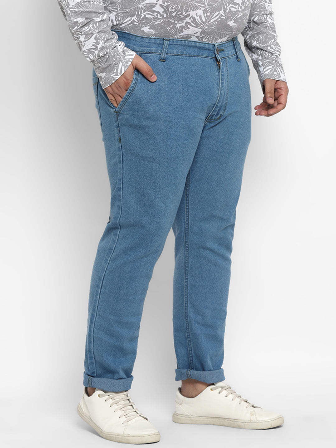 Plus Men's Light Blue Regular Fit Washed Jeans Stretchable