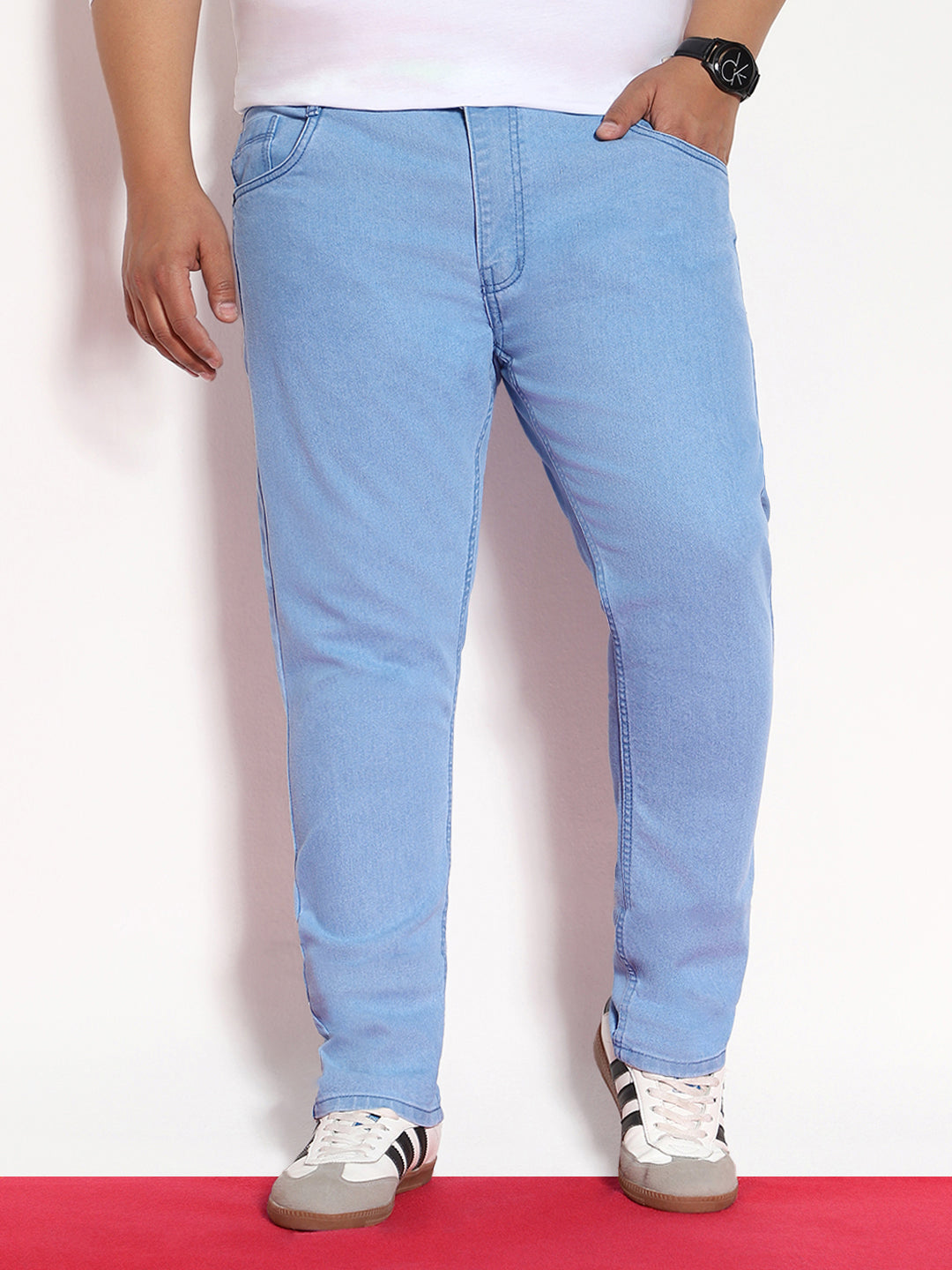 Plus Men's Ice Blue Regular Fit Solid Jeans Stretchable