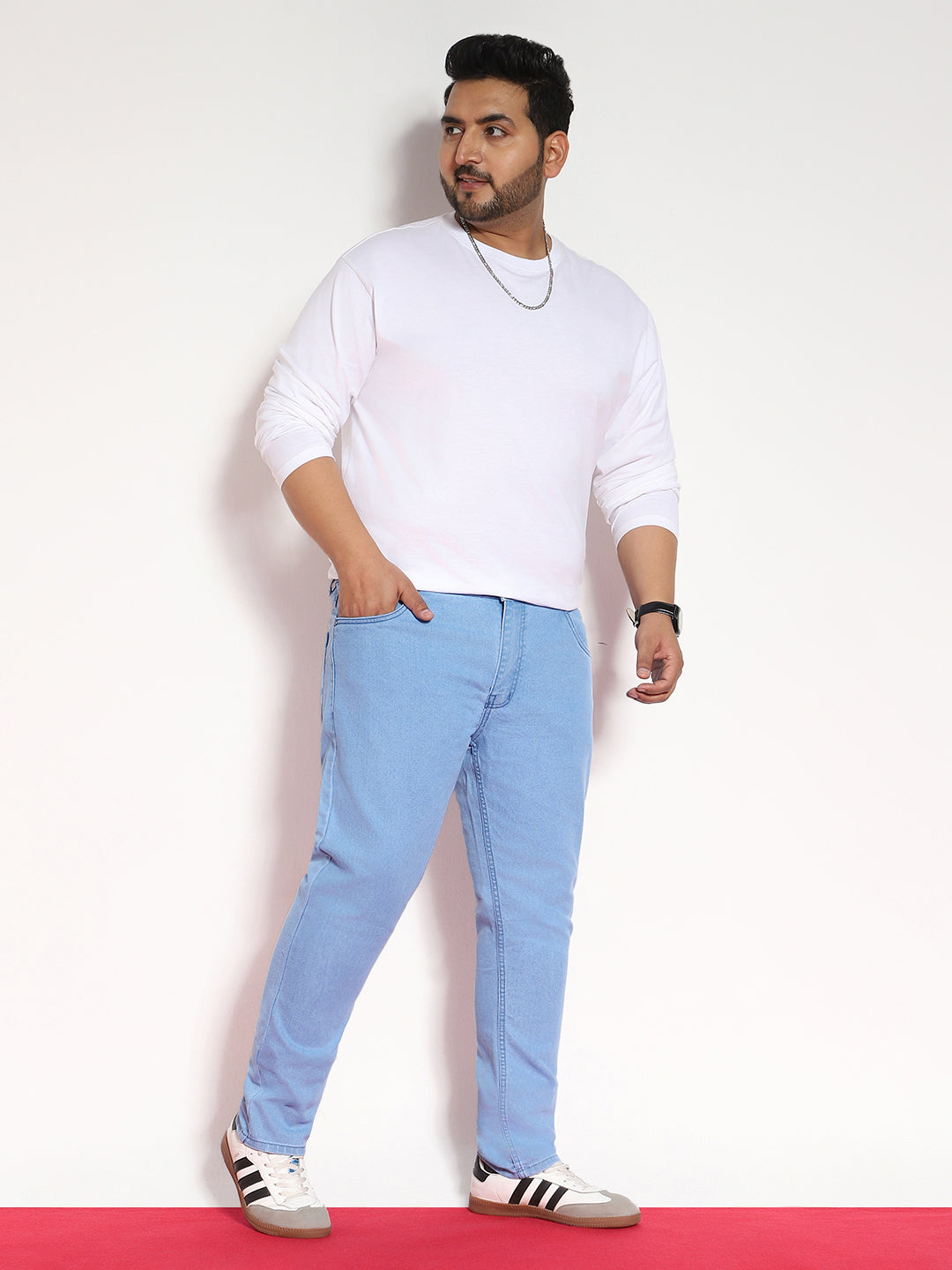 Plus Men's Ice Blue Regular Fit Solid Jeans Stretchable