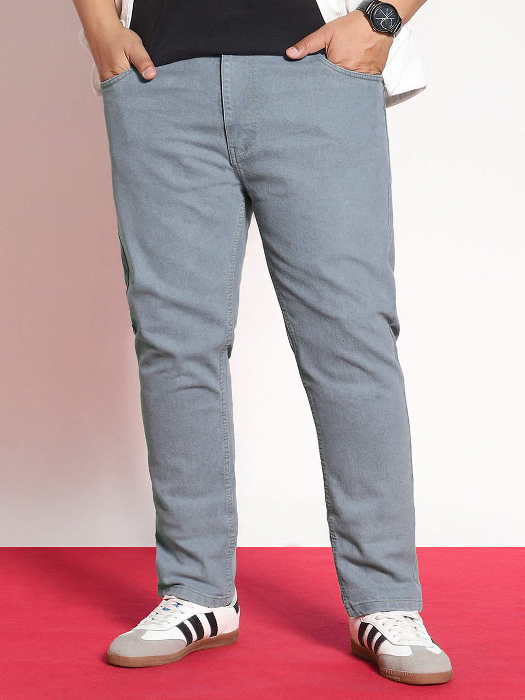 Plus Men's Light Grey Regular Fit Denim Jeans Stretchable