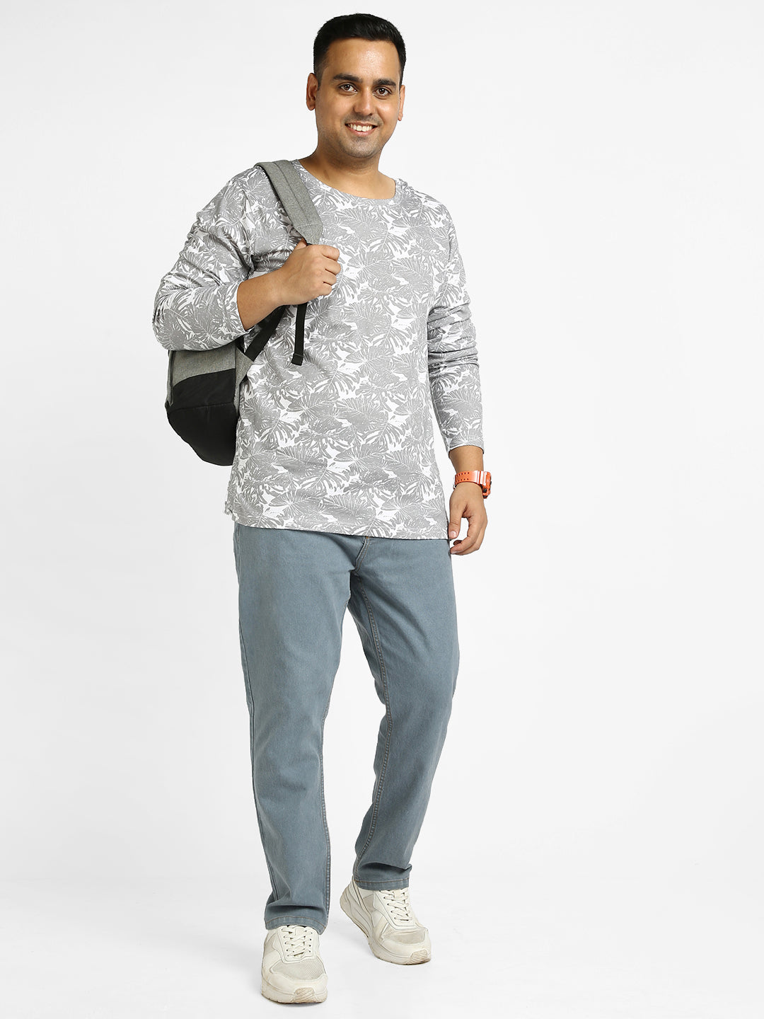 Plus Men's Light Grey Regular Fit Washed Jeans Stretchable