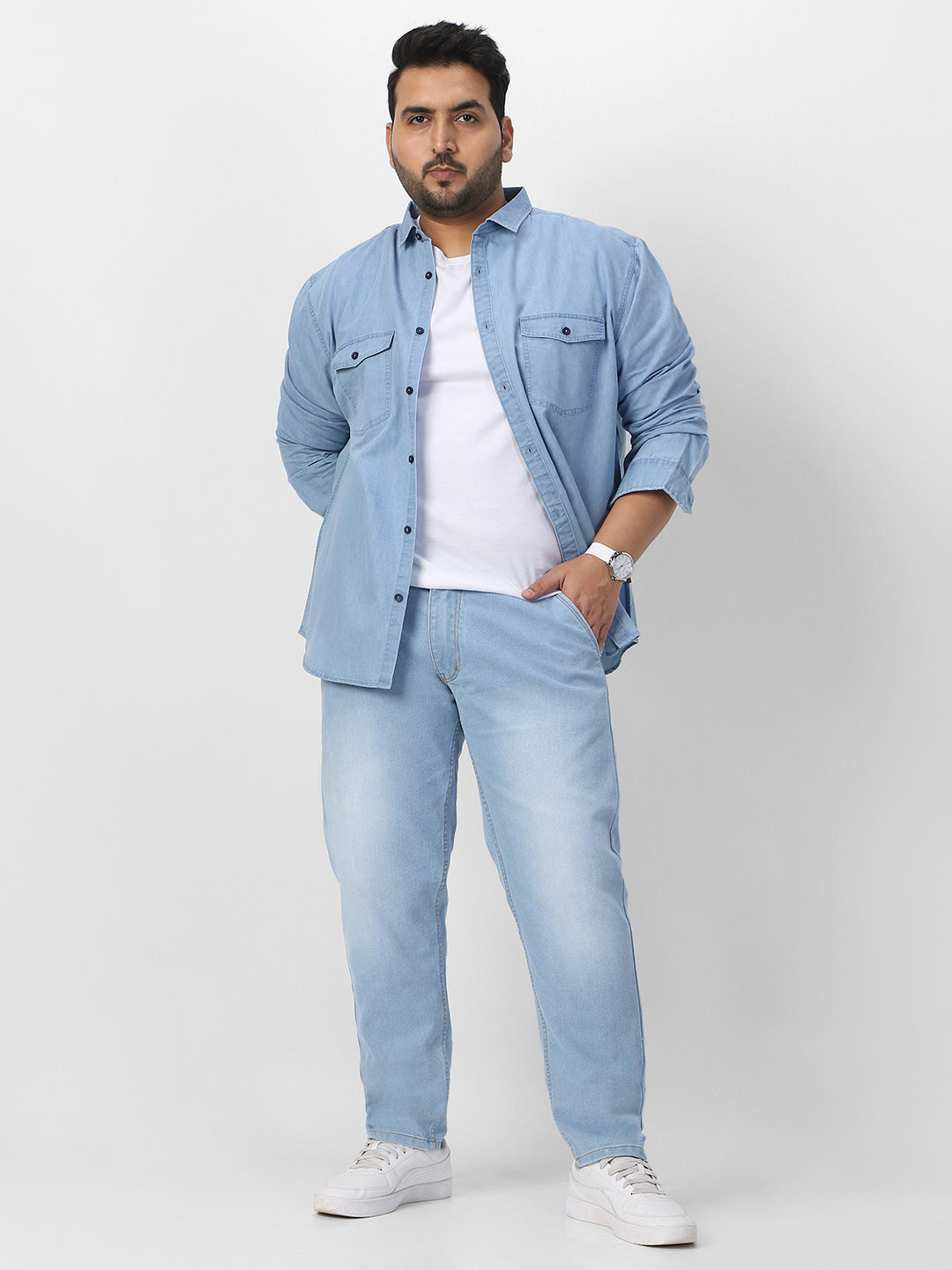 Plus Men's Ice Blue Regular Fit Washed Jeans Stretchable