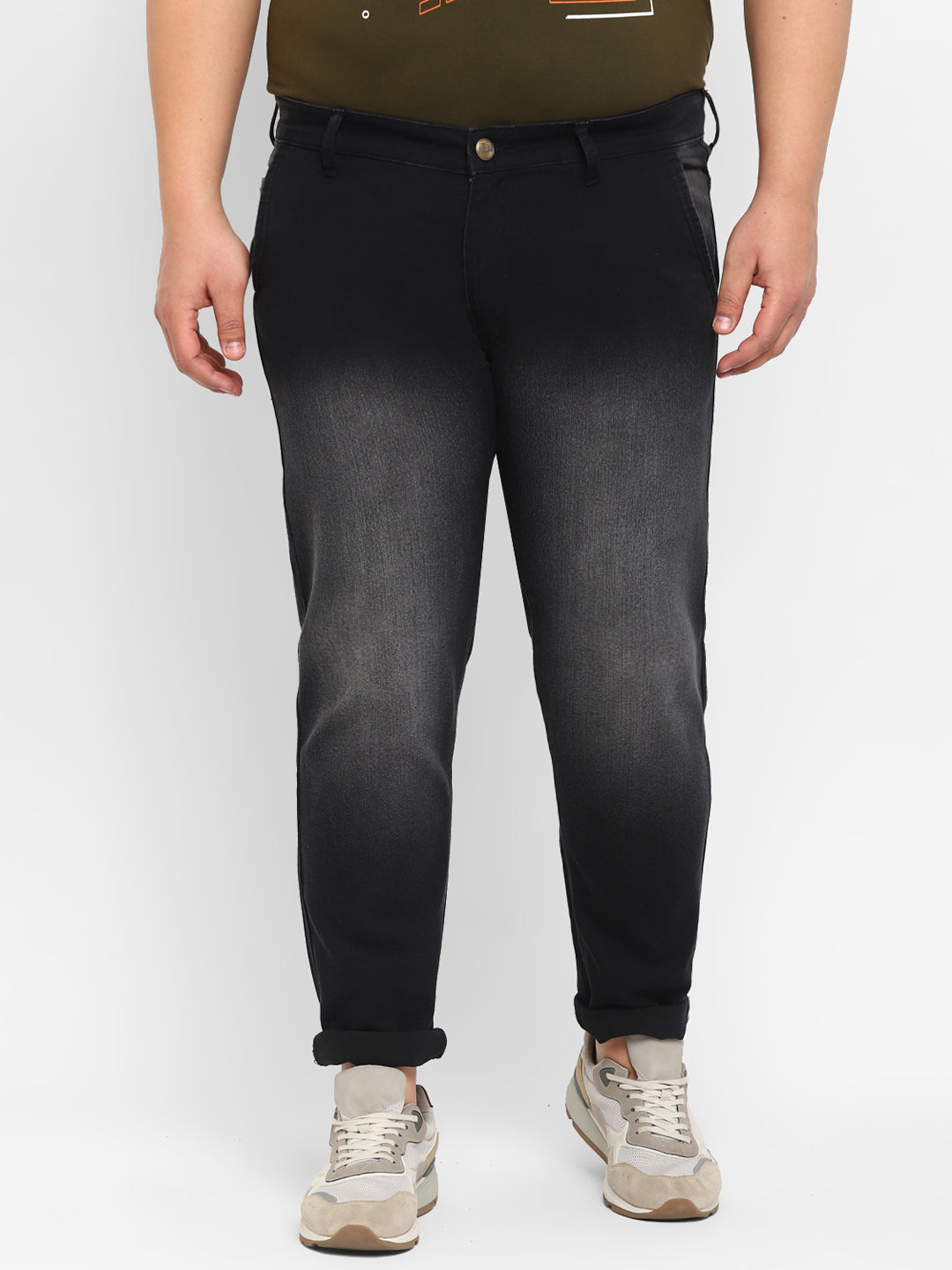 Plus Men's Black Regular Fit Washed Jeans Stretchable
