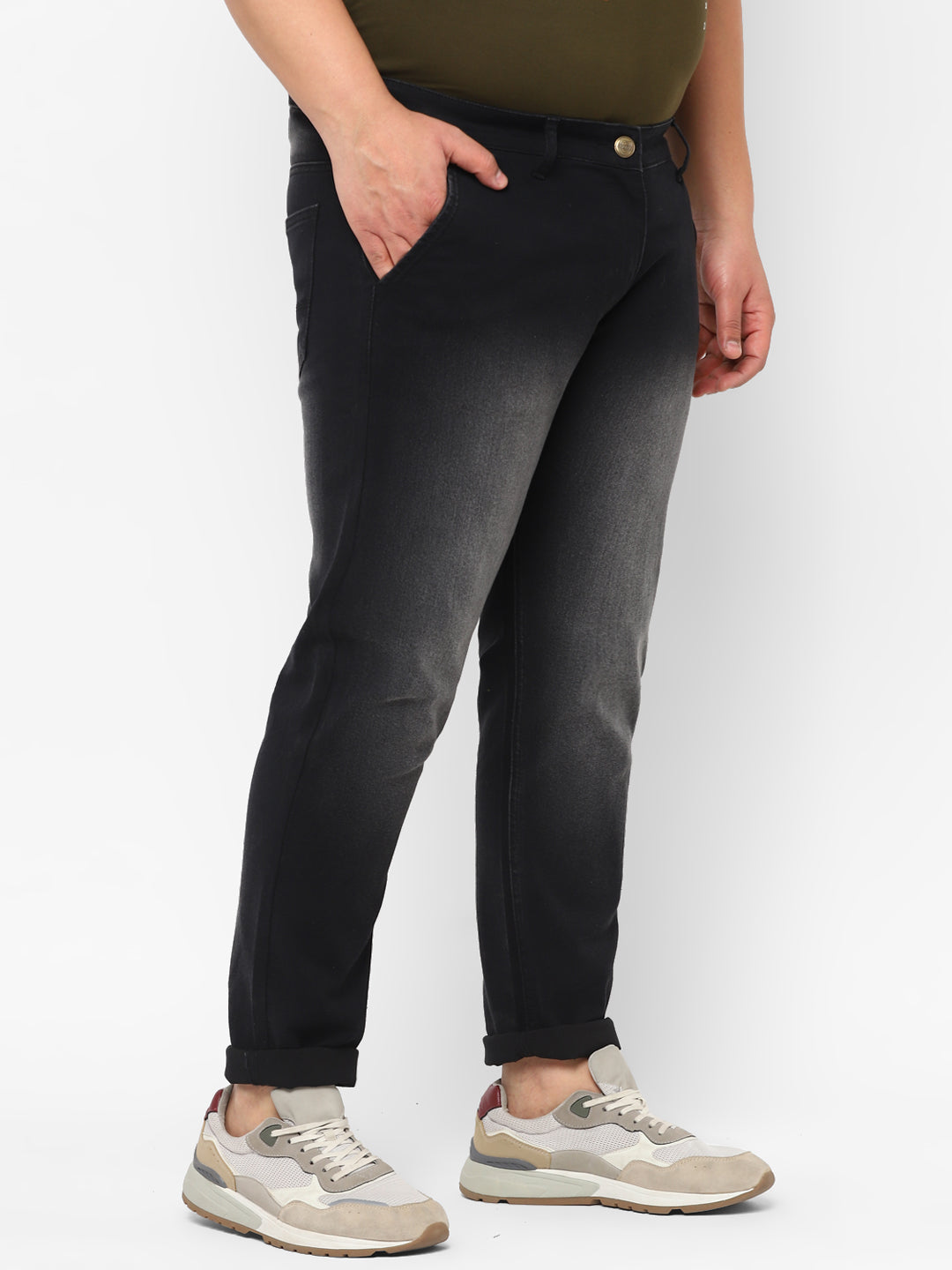 Plus Men's Black Regular Fit Washed Jeans Stretchable