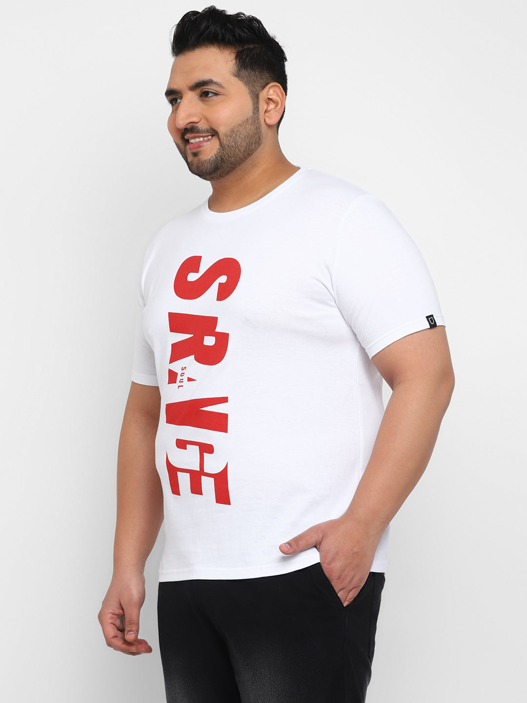 Plus Men's White Graphic Printed Half Sleeve Regular Fit Cotton T-Shirt