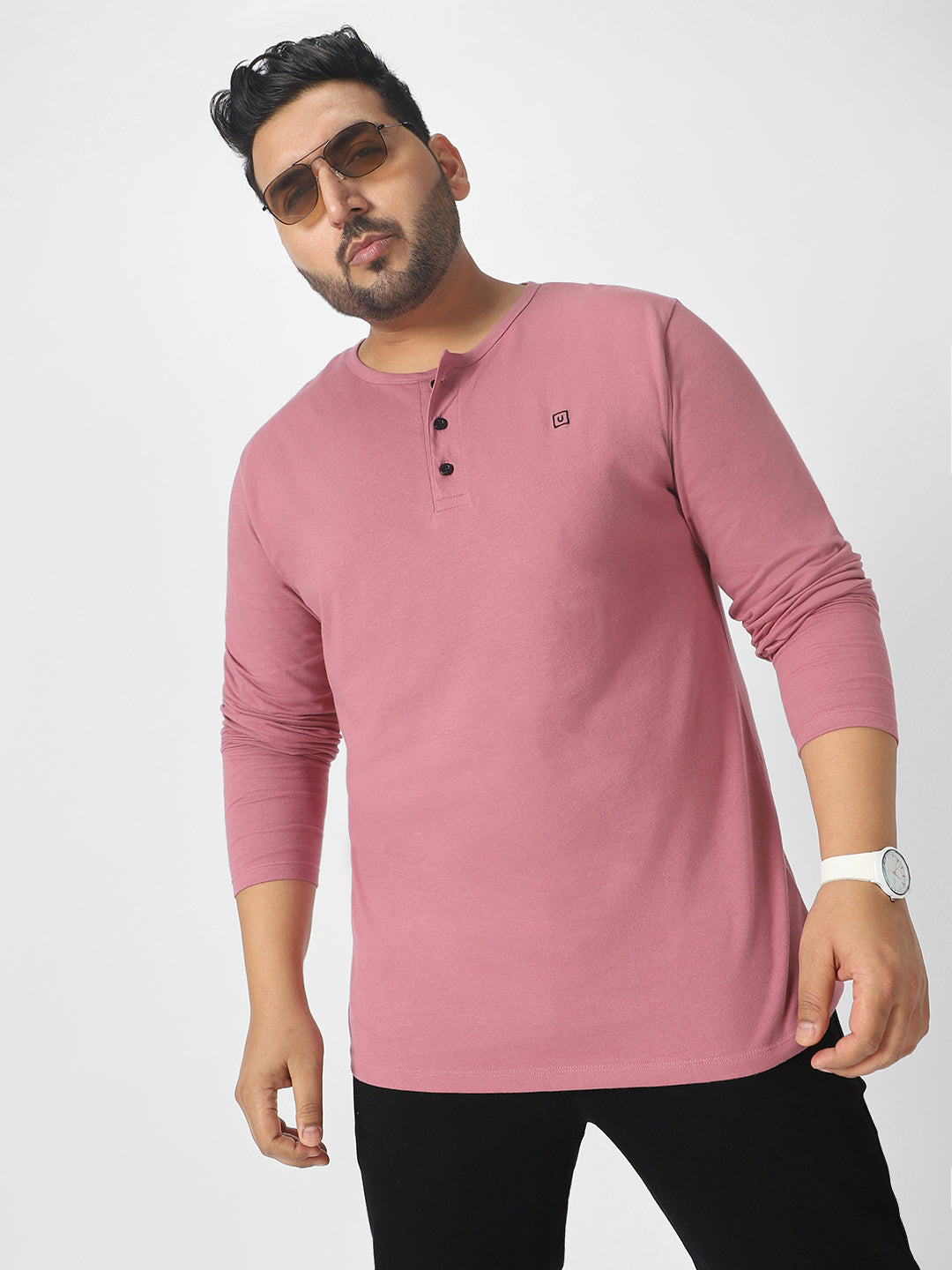 Plus Men's Lilac Solid Henley Neck Regular Fit Full Sleeve Cotton T-Shirt