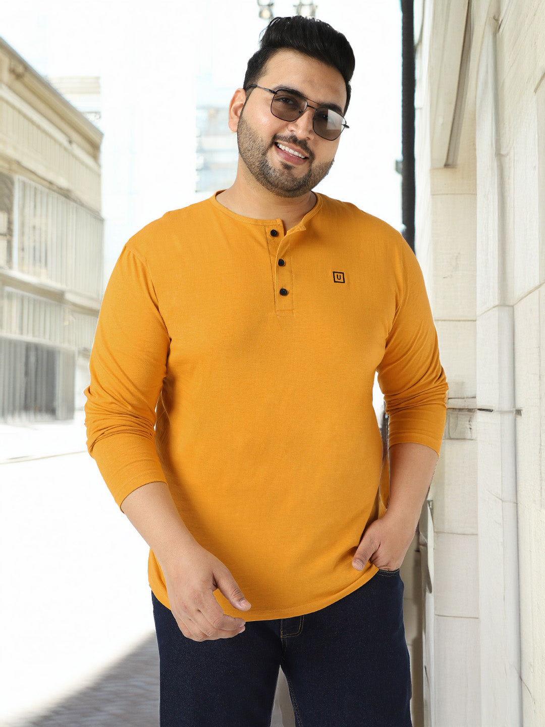 Plus Men's Mustard Solid Henley Neck Regular Fit Full Sleeve Cotton T-Shirt