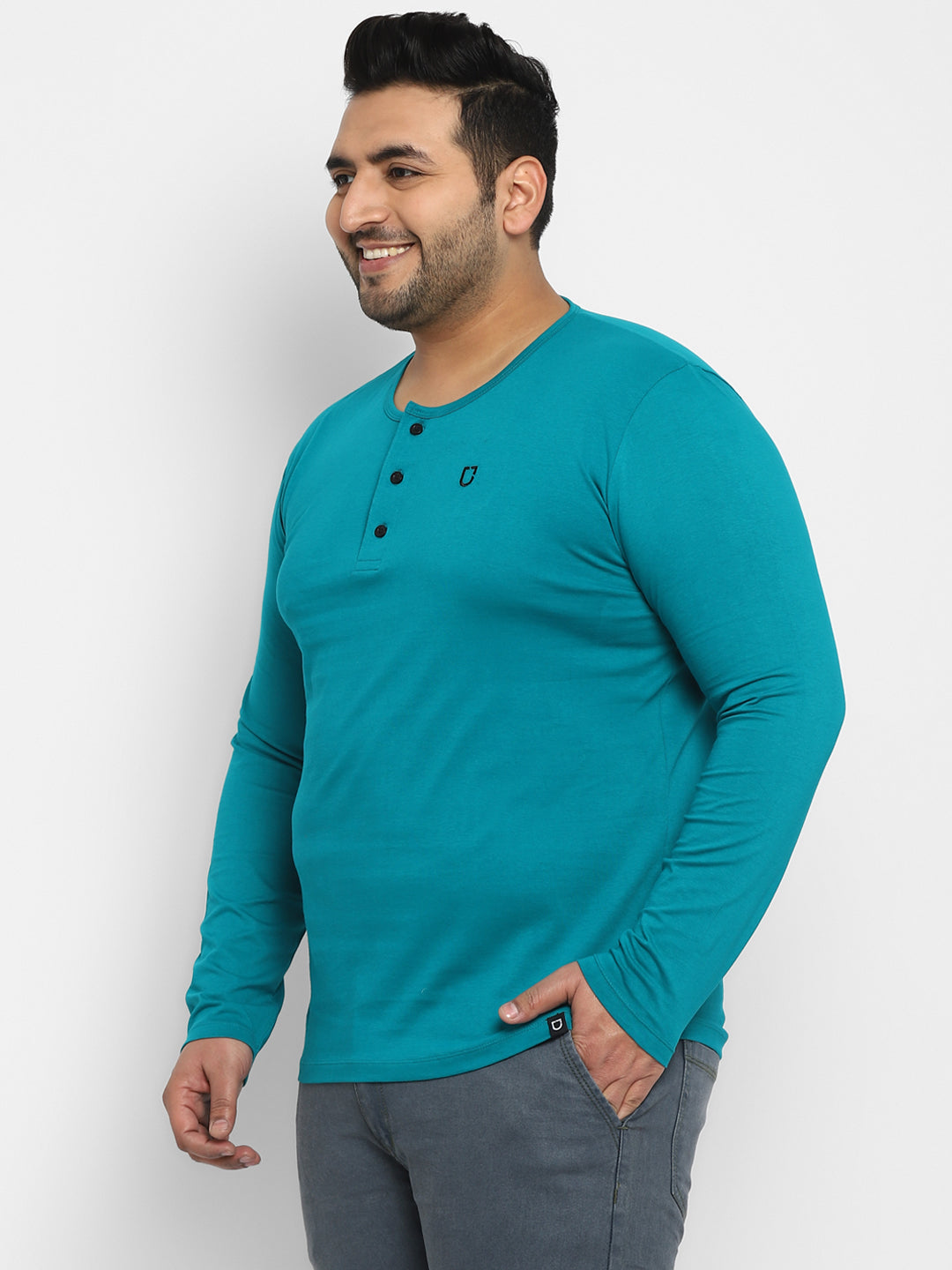 Plus Men's Teal Green Solid Henley Neck Regular Fit Full Sleeve Cotton T-Shirt