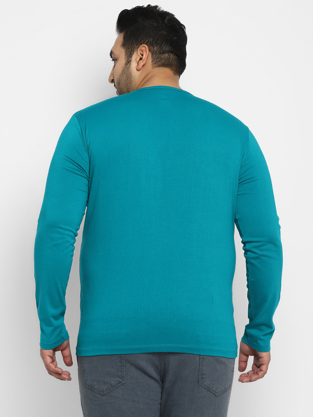 Plus Men's Teal Green Solid Henley Neck Regular Fit Full Sleeve Cotton T-Shirt