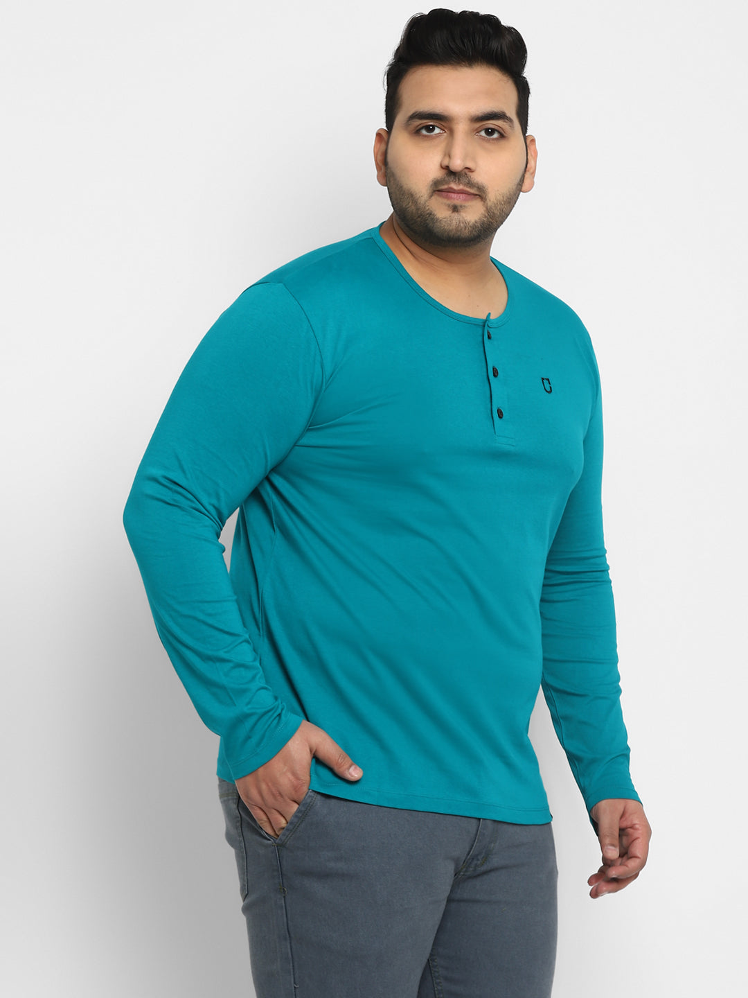 Plus Men's Teal Green Solid Henley Neck Regular Fit Full Sleeve Cotton T-Shirt