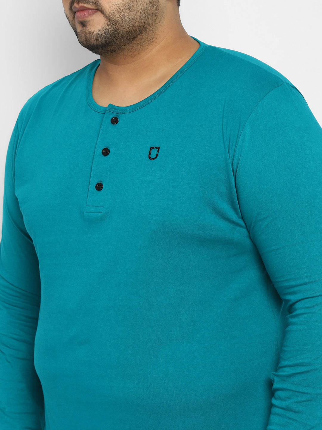 Plus Men's Teal Green Solid Henley Neck Regular Fit Full Sleeve Cotton T-Shirt