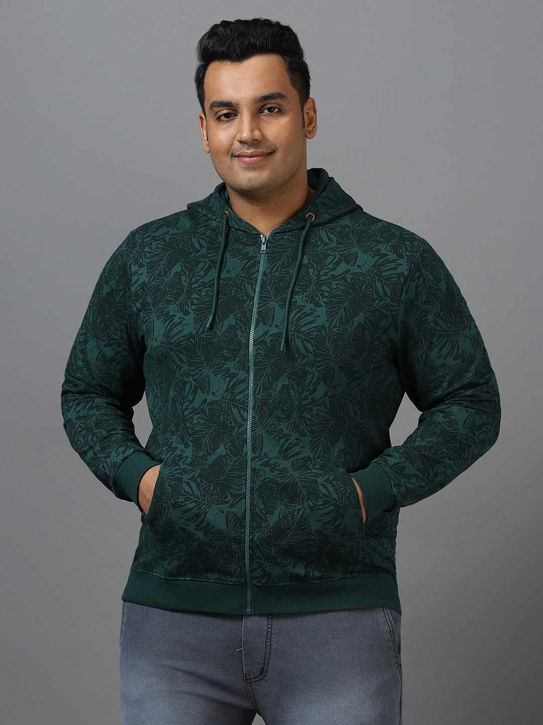 Plus Men's Dark Green Regular Fit Printed Full Sleeve Casual Winterwear Hooded Sweatshirt