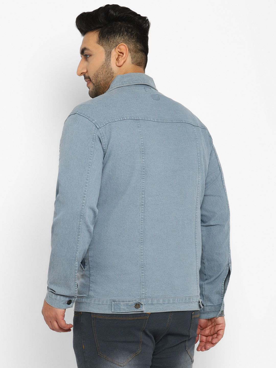 Plus Men's Light Grey Regular Fit Washed Full Sleeve Denim Jacket
