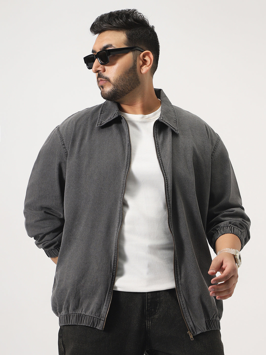 Plus Men's Light Grey Relaxed Fit Full Sleeve Harrington Denim Jacket