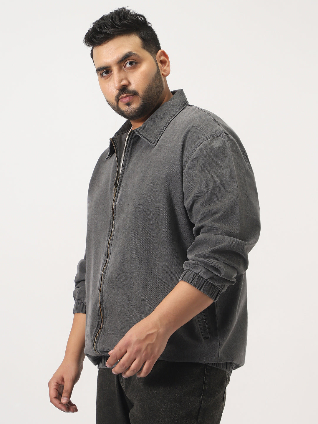 Plus Men's Light Grey Relaxed Fit Full Sleeve Harrington Denim Jacket