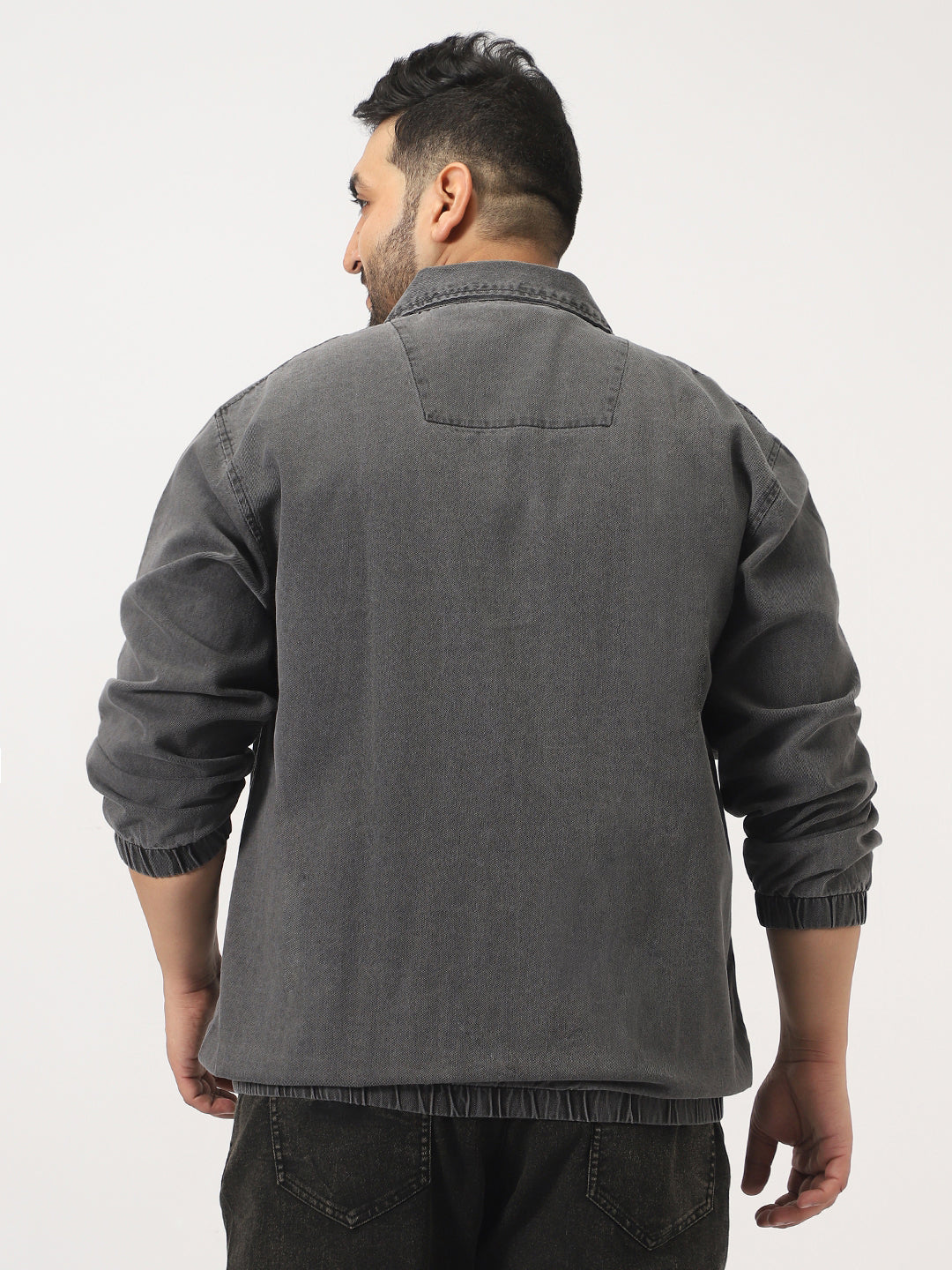 Plus Men's Light Grey Relaxed Fit Full Sleeve Harrington Denim Jacket