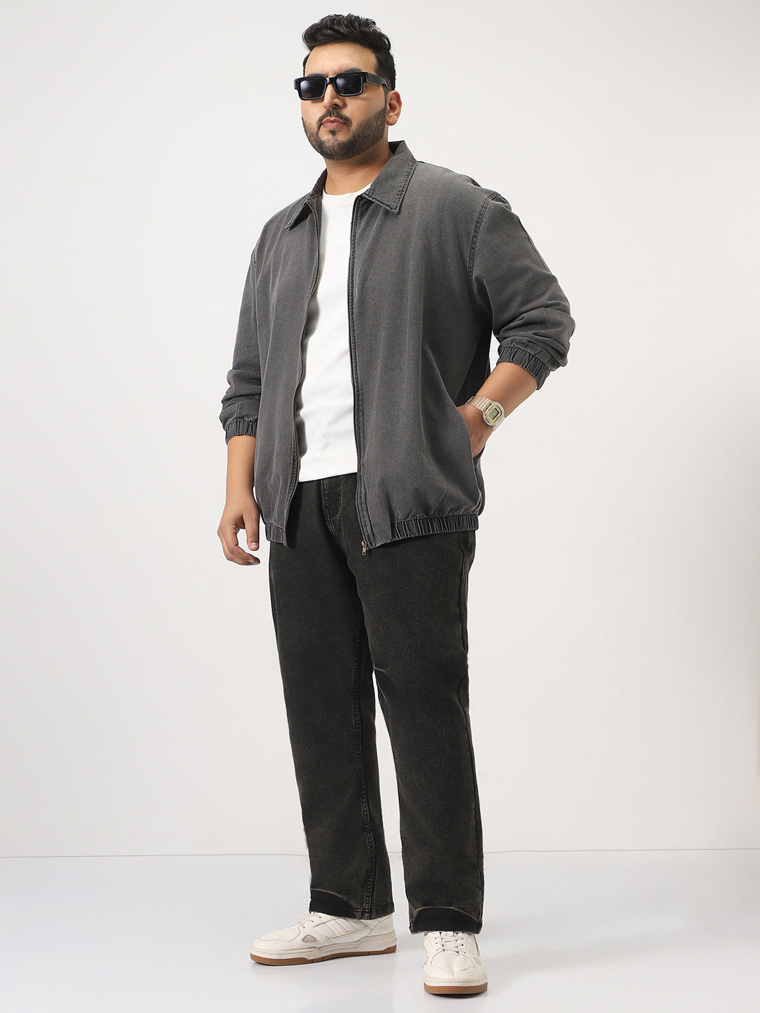 Plus Men's Light Grey Relaxed Fit Full Sleeve Harrington Denim Jacket