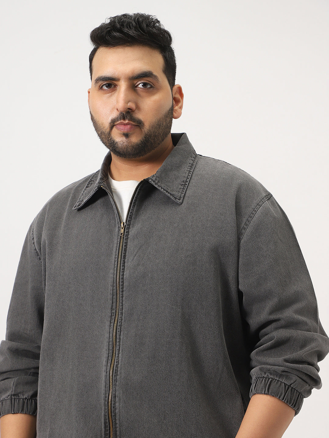 Plus Men's Light Grey Relaxed Fit Full Sleeve Harrington Denim Jacket