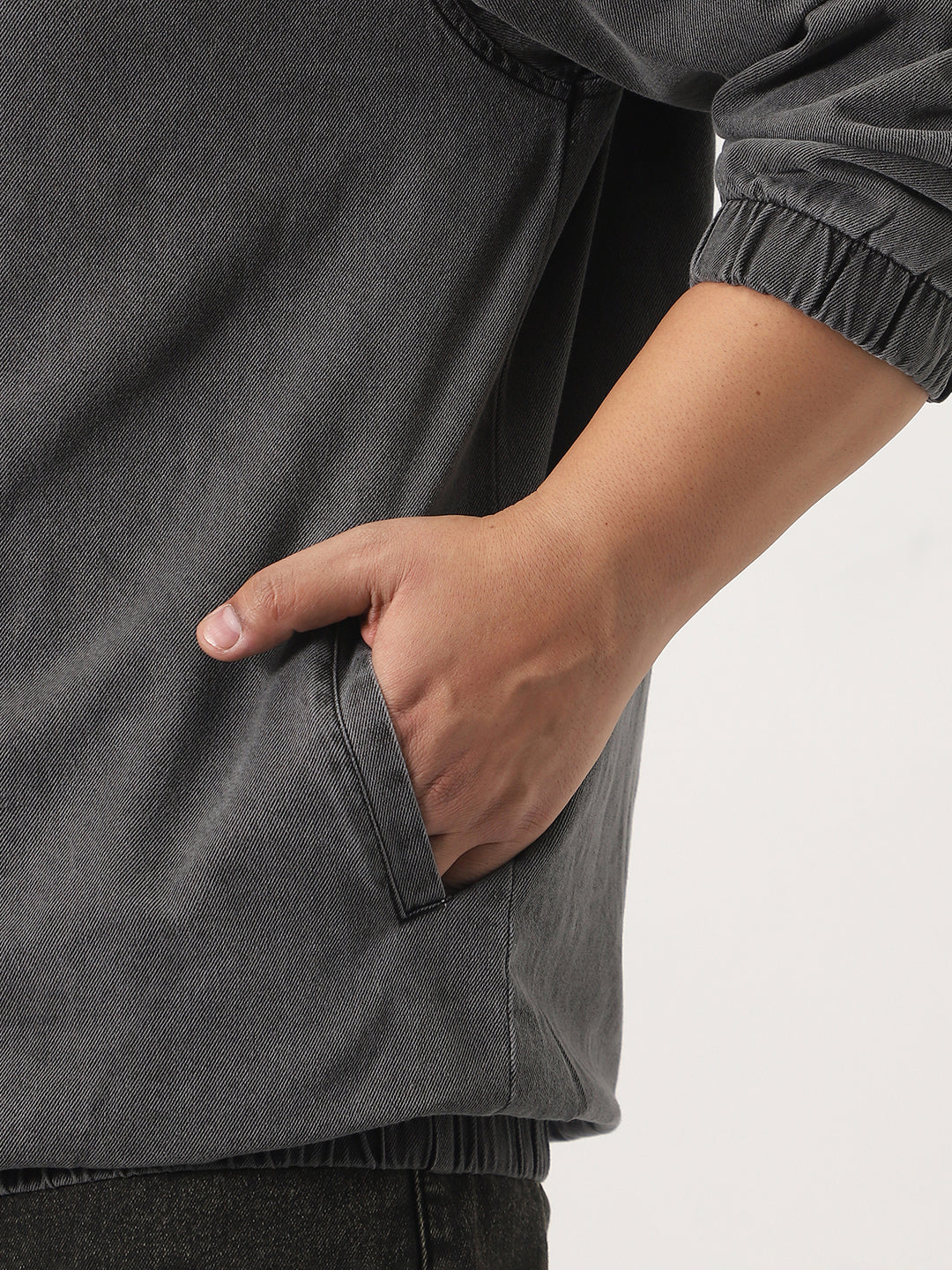 Plus Men's Light Grey Relaxed Fit Full Sleeve Harrington Denim Jacket