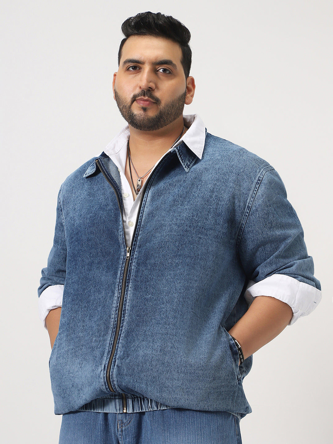 Plus Men's Blue Relaxed Fit Full Sleeve Harrington Denim Jacket