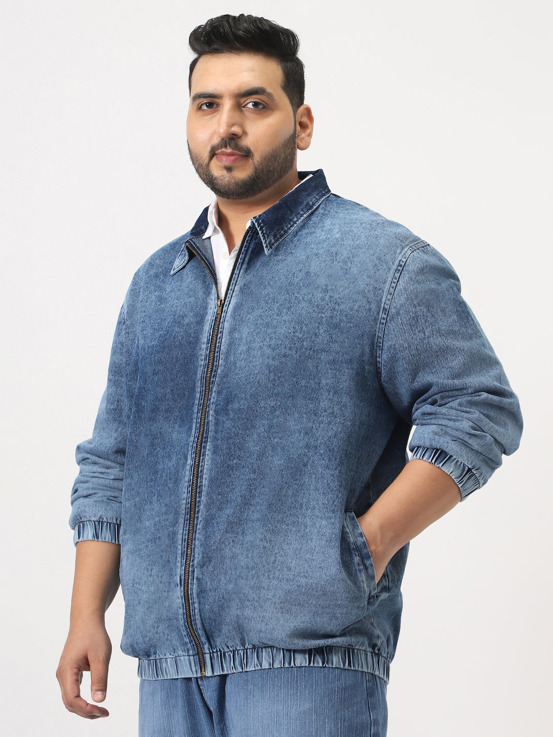 Plus Men's Blue Relaxed Fit Full Sleeve Harrington Denim Jacket