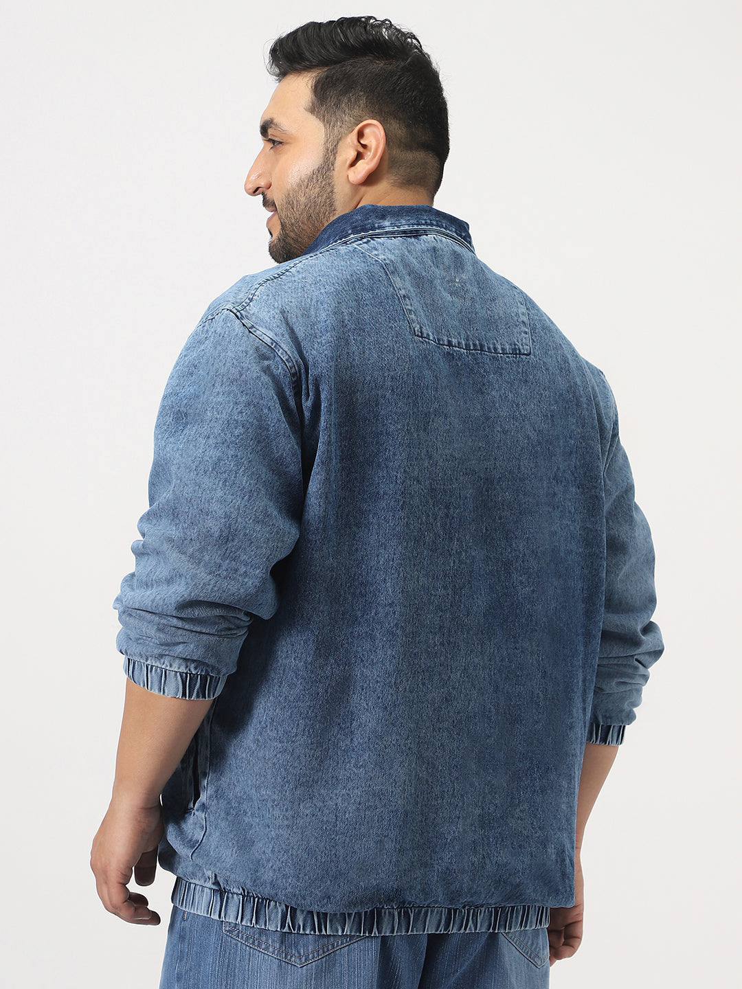 Plus Men's Blue Relaxed Fit Full Sleeve Harrington Denim Jacket