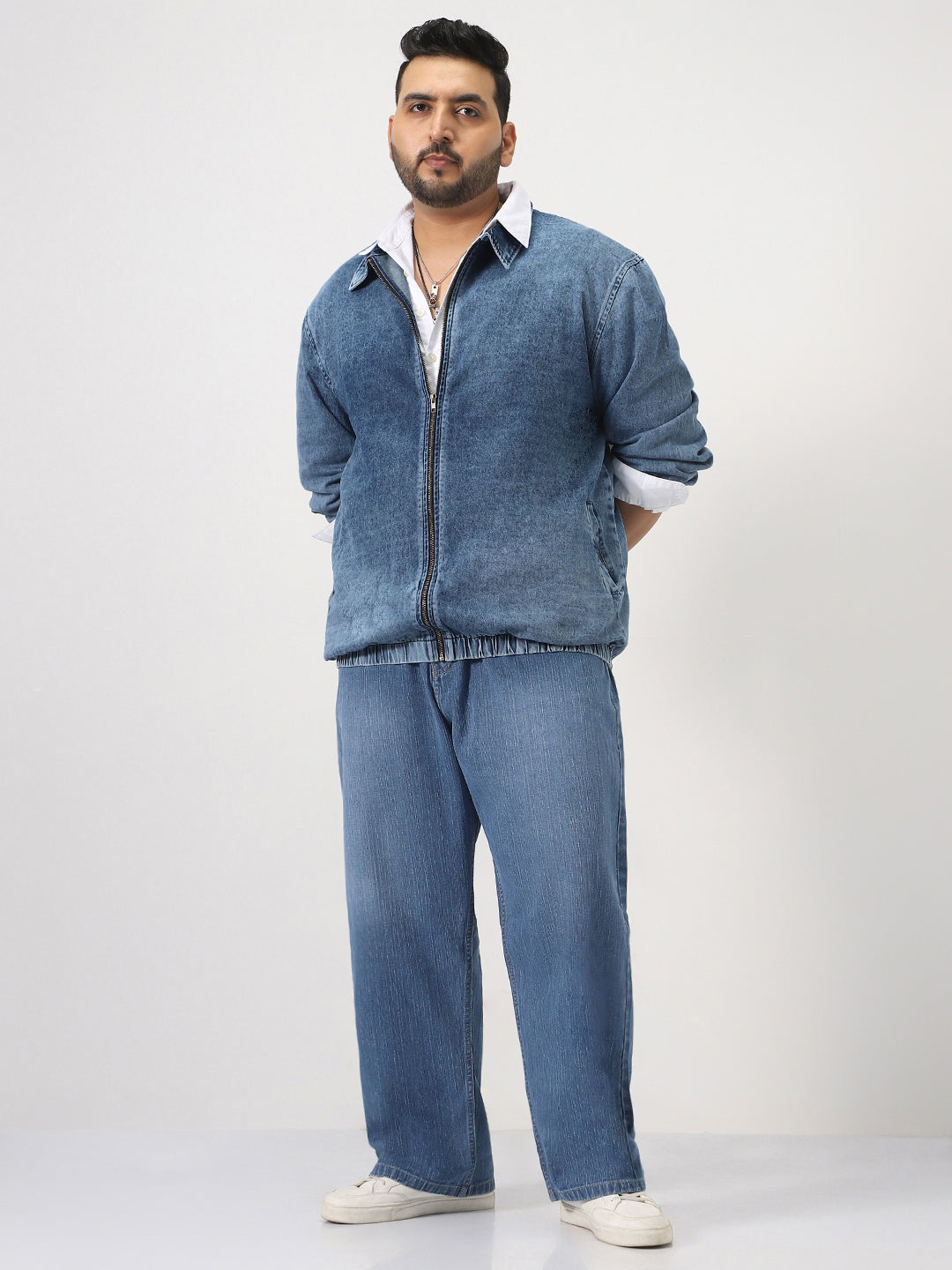 Plus Men's Blue Relaxed Fit Full Sleeve Harrington Denim Jacket