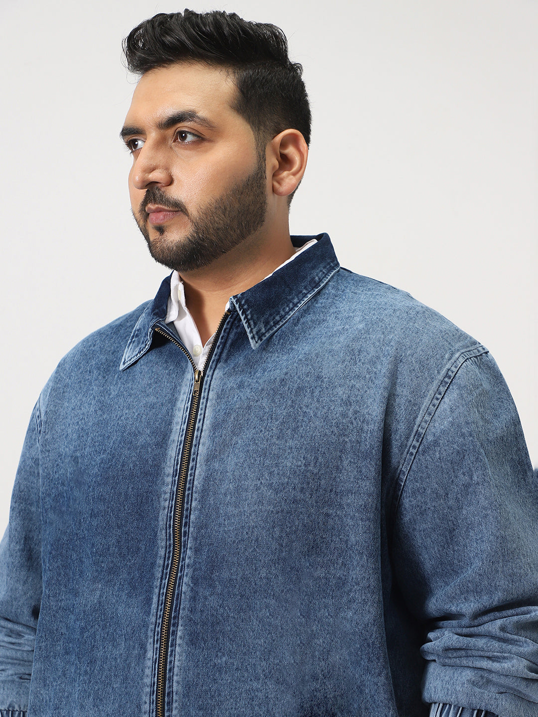 Plus Men's Blue Relaxed Fit Full Sleeve Harrington Denim Jacket