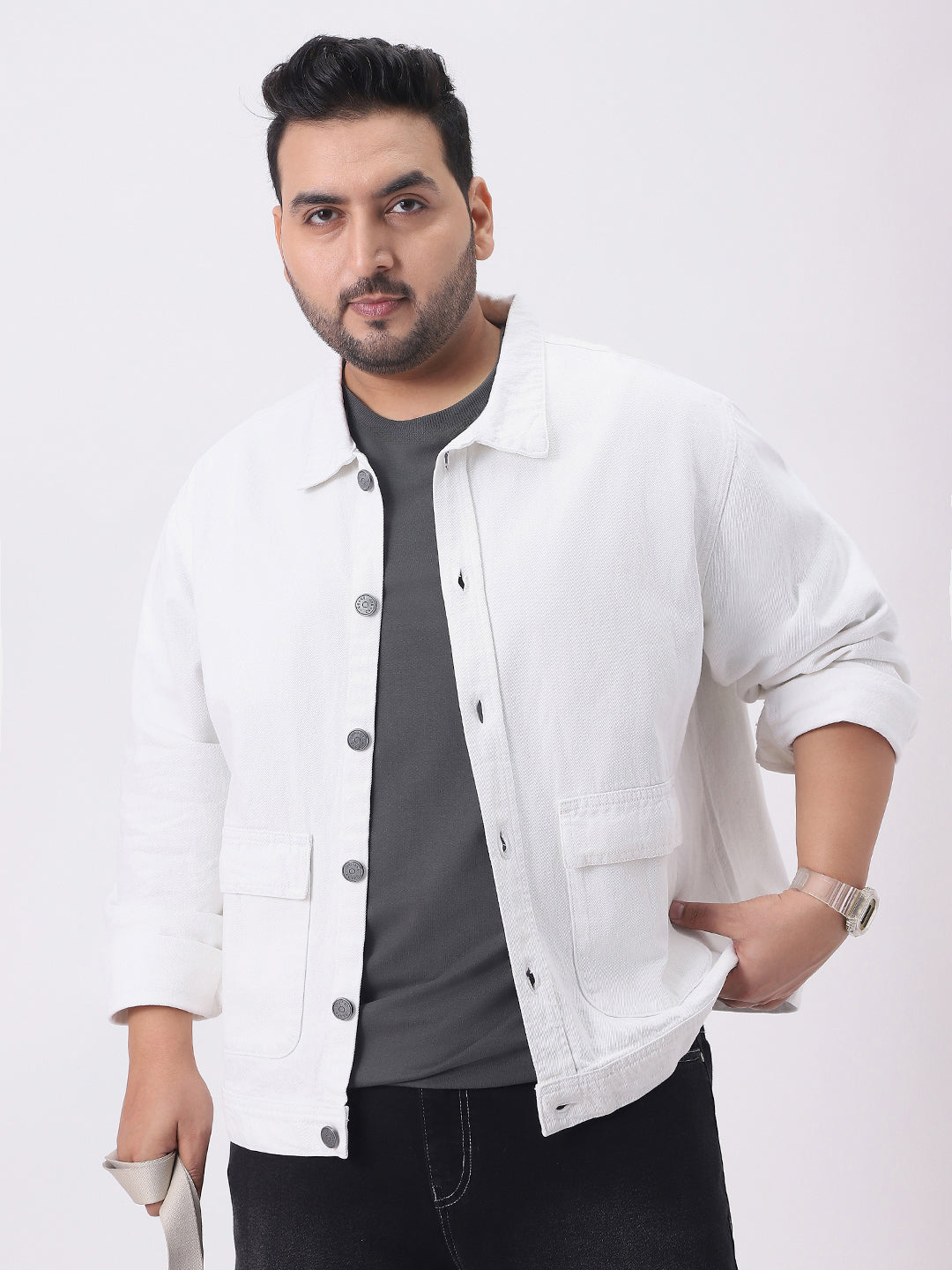 Plus Men's White Relaxed Fit Full Sleeve Utility Denim Jacket