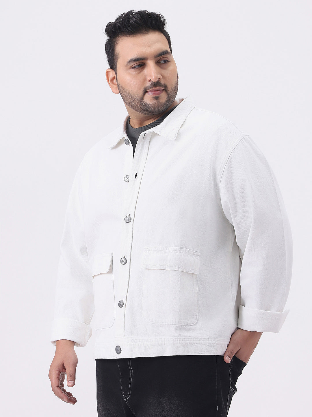 Plus Men's White Relaxed Fit Full Sleeve Utility Denim Jacket