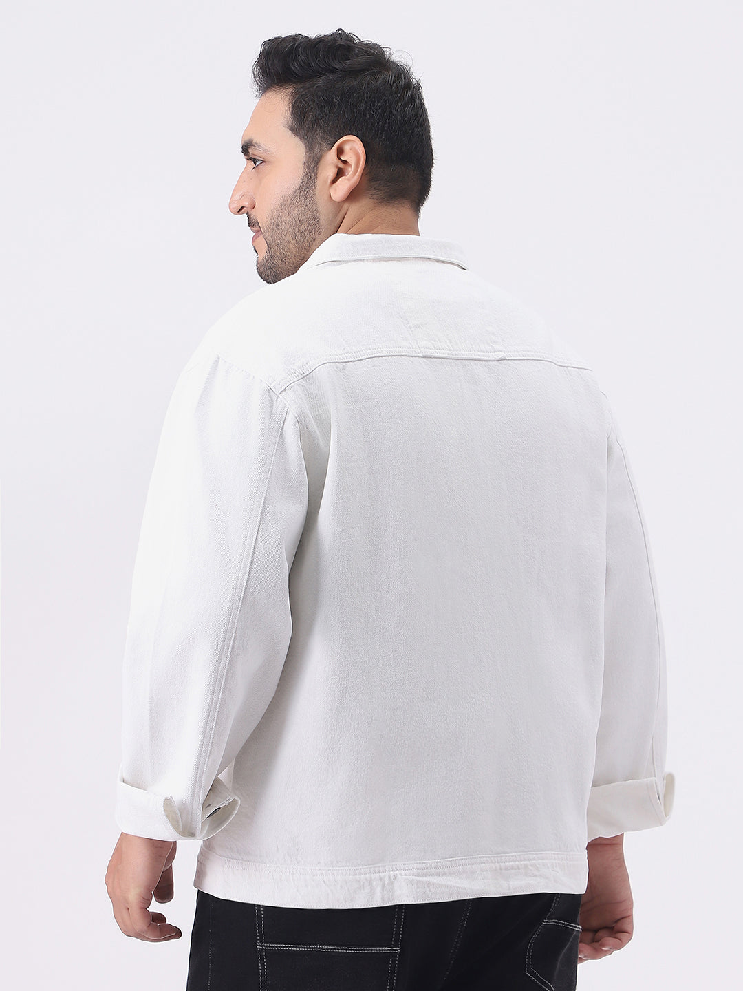 Plus Men's White Relaxed Fit Full Sleeve Utility Denim Jacket