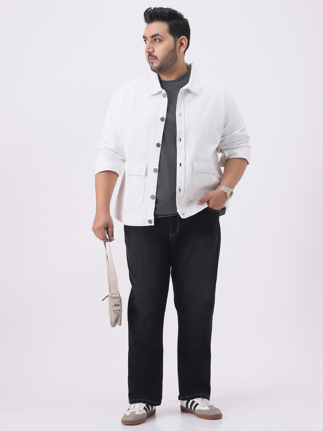Plus Men's White Relaxed Fit Full Sleeve Utility Denim Jacket