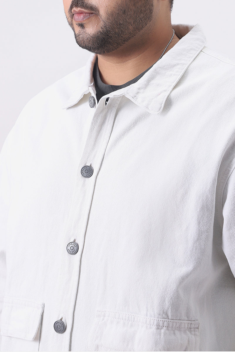 Plus Men's White Relaxed Fit Full Sleeve Utility Denim Jacket